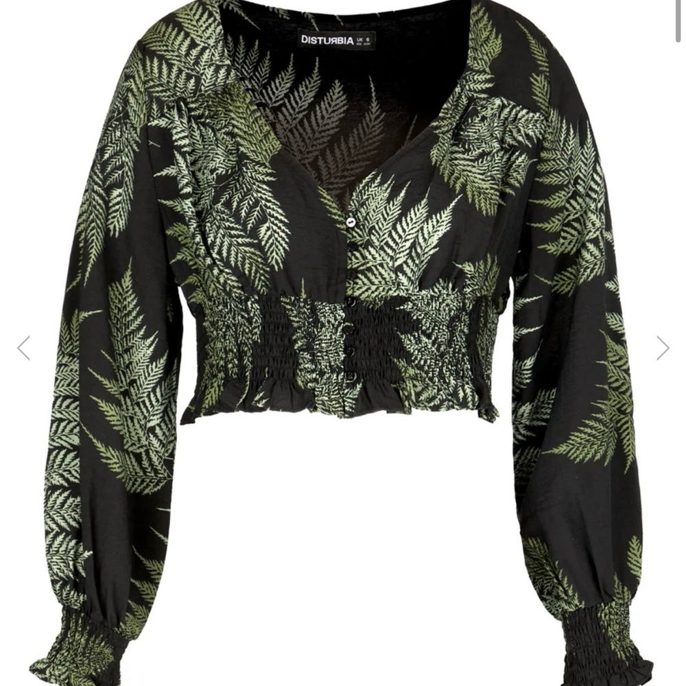 Disturbia Black and Green Leaf Print Blouse